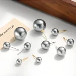 Classic Pearl Stud Earrings Grey - Image 4
